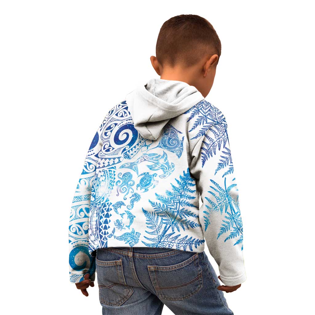 New Zealand Sea Animals Kid Hoodie with Maori Koru Tribal Tattoo and Silver Ferns Galaxy Style