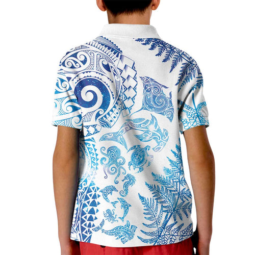 New Zealand Sea Animals Kid Polo Shirt with Maori Koru Tribal Tattoo and Silver Ferns Galaxy Style