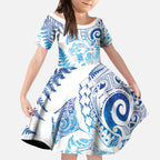 New Zealand Sea Animals Kid Short Sleeve Dress with Maori Koru Tribal Tattoo and Silver Ferns Galaxy Style