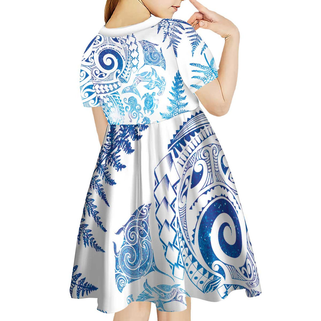 New Zealand Sea Animals Kid Short Sleeve Dress with Maori Koru Tribal Tattoo and Silver Ferns Galaxy Style