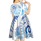 New Zealand Sea Animals Kid Short Sleeve Dress with Maori Koru Tribal Tattoo and Silver Ferns Galaxy Style