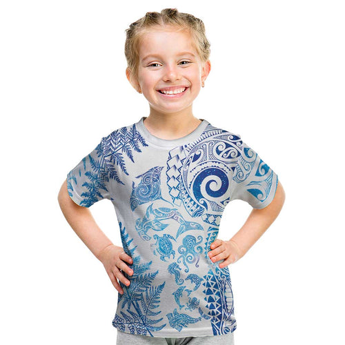 New Zealand Sea Animals Kid T Shirt with Maori Koru Tribal Tattoo and Silver Ferns Galaxy Style