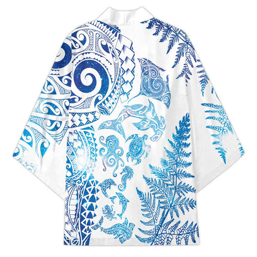 New Zealand Sea Animals Kimono with Maori Koru Tribal Tattoo and Silver Ferns Galaxy Style