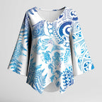 New Zealand Sea Animals Kimono Sleeve Blouse with Maori Koru Tribal Tattoo and Silver Ferns Galaxy Style