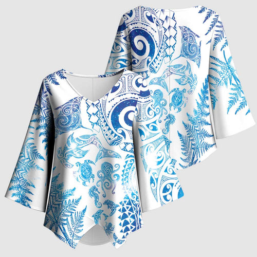 New Zealand Sea Animals Kimono Sleeve Blouse with Maori Koru Tribal Tattoo and Silver Ferns Galaxy Style