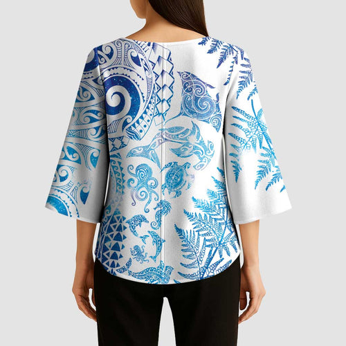 New Zealand Sea Animals Kimono Sleeve Blouse with Maori Koru Tribal Tattoo and Silver Ferns Galaxy Style
