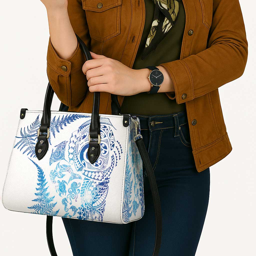 New Zealand Sea Animals Leather Bag with Maori Koru Tribal Tattoo and Silver Ferns Galaxy Style