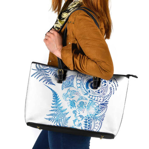 New Zealand Sea Animals Leather Tote Bag with Maori Koru Tribal Tattoo and Silver Ferns Galaxy Style