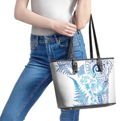 New Zealand Sea Animals Leather Tote Bag with Maori Koru Tribal Tattoo and Silver Ferns Galaxy Style
