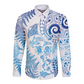 New Zealand Sea Animals Long Sleeve Button Shirt with Maori Koru Tribal Tattoo and Silver Ferns Galaxy Style