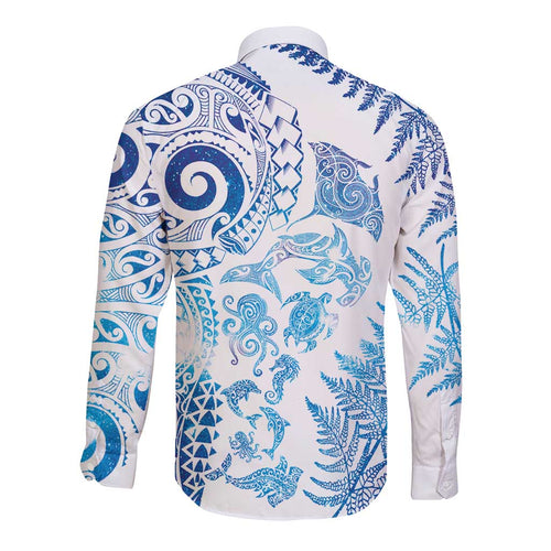 New Zealand Sea Animals Long Sleeve Button Shirt with Maori Koru Tribal Tattoo and Silver Ferns Galaxy Style