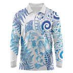 New Zealand Sea Animals Long Sleeve Polo Shirt with Maori Koru Tribal Tattoo and Silver Ferns Galaxy Style