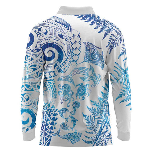 New Zealand Sea Animals Long Sleeve Polo Shirt with Maori Koru Tribal Tattoo and Silver Ferns Galaxy Style