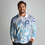 New Zealand Sea Animals Long Sleeve Polo Shirt with Maori Koru Tribal Tattoo and Silver Ferns Galaxy Style
