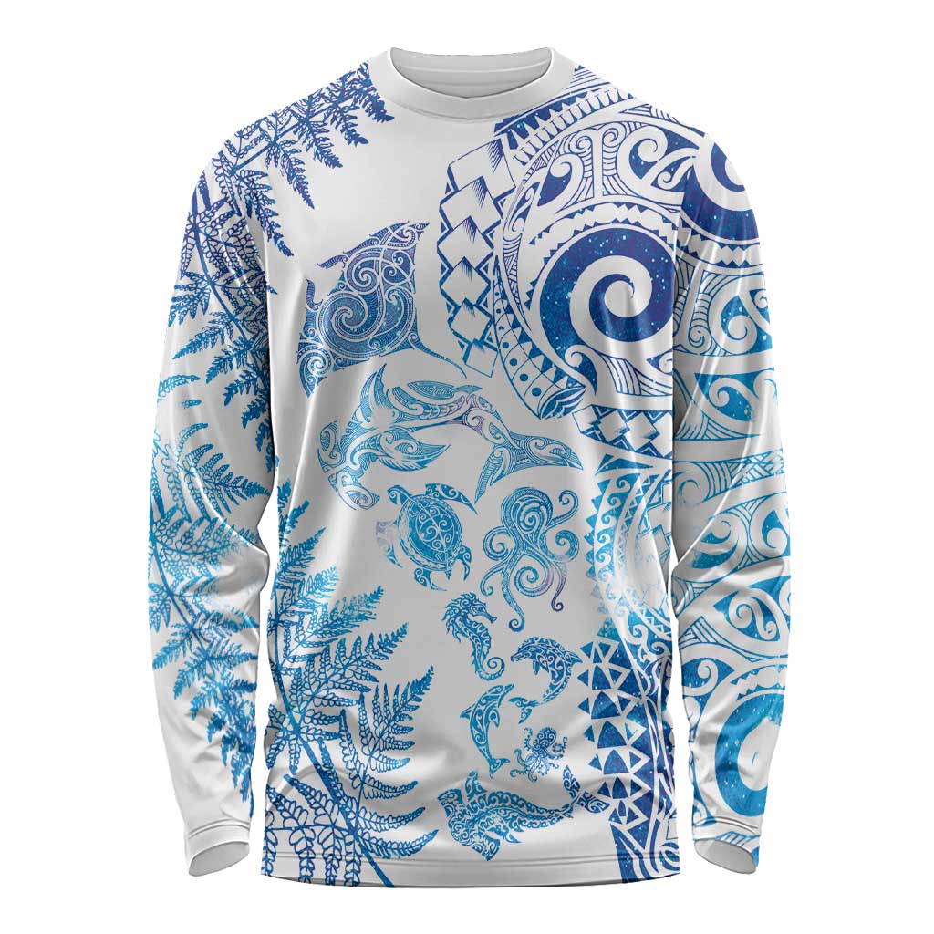 New Zealand Sea Animals Long Sleeve Shirt with Maori Koru Tribal Tattoo and Silver Ferns Galaxy Style