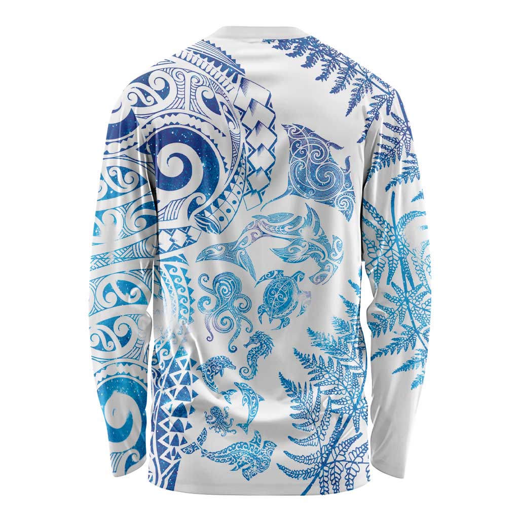 New Zealand Sea Animals Long Sleeve Shirt with Maori Koru Tribal Tattoo and Silver Ferns Galaxy Style