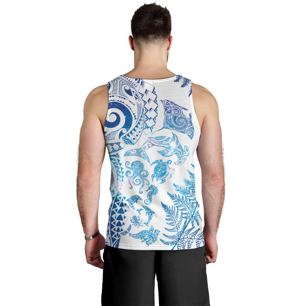 New Zealand Sea Animals Men Tank Top with Maori Koru Tribal Tattoo and Silver Ferns Galaxy Style