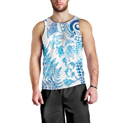New Zealand Sea Animals Men Tank Top with Maori Koru Tribal Tattoo and Silver Ferns Galaxy Style