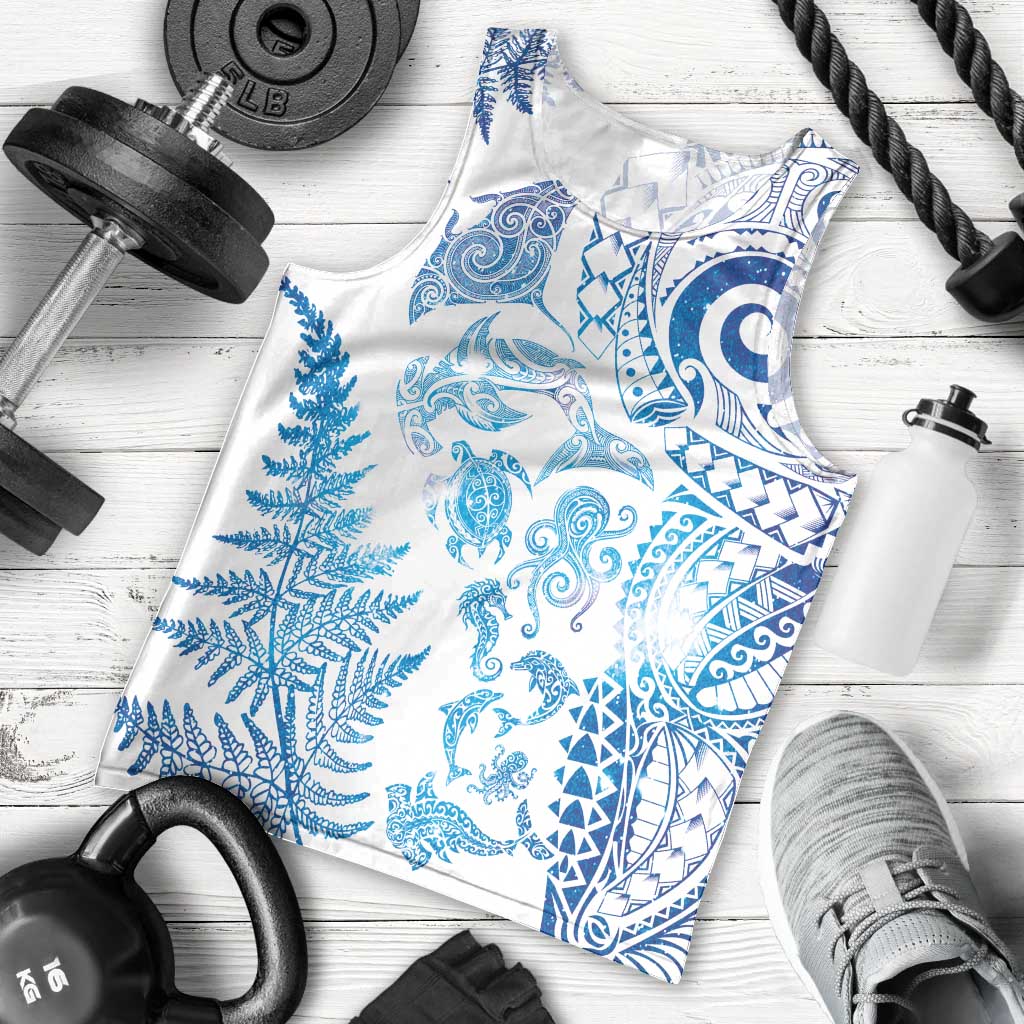 New Zealand Sea Animals Men Tank Top with Maori Koru Tribal Tattoo and Silver Ferns Galaxy Style