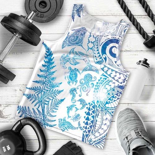 New Zealand Sea Animals Men Tank Top with Maori Koru Tribal Tattoo and Silver Ferns Galaxy Style