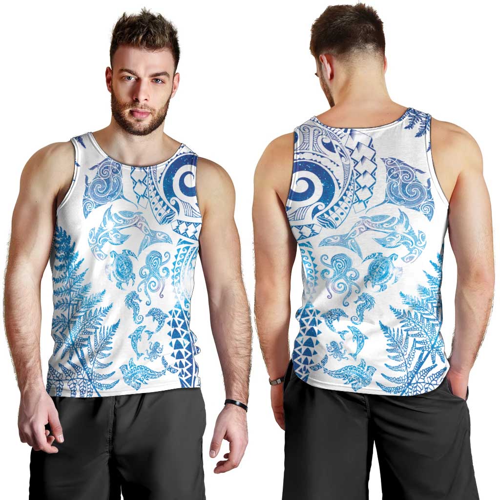 New Zealand Sea Animals Men Tank Top with Maori Koru Tribal Tattoo and Silver Ferns Galaxy Style