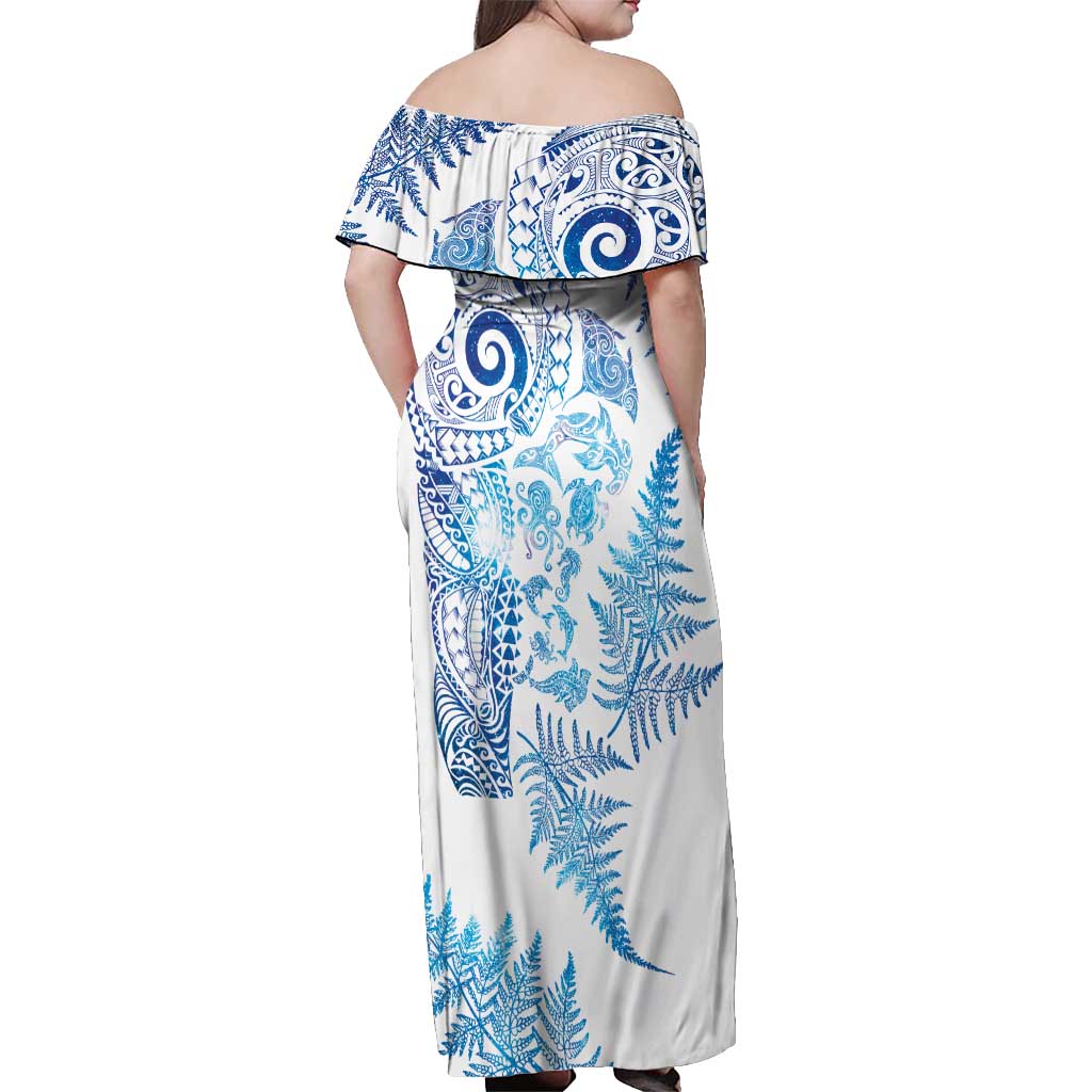 New Zealand Sea Animals Off Shoulder Maxi Dress with Maori Koru Tribal Tattoo and Silver Ferns Galaxy Style