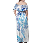 New Zealand Sea Animals Off Shoulder Maxi Dress with Maori Koru Tribal Tattoo and Silver Ferns Galaxy Style