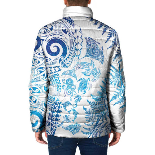 New Zealand Sea Animals Padded Jacket with Maori Koru Tribal Tattoo and Silver Ferns Galaxy Style