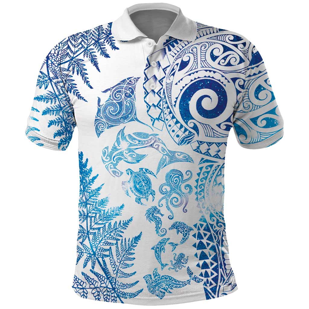 New Zealand Sea Animals Polo Shirt with Maori Koru Tribal Tattoo and Silver Ferns Galaxy Style