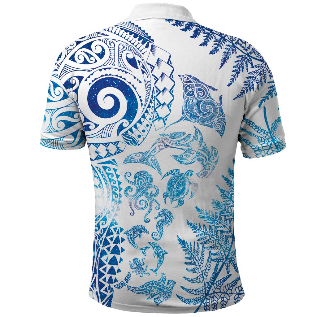 New Zealand Sea Animals Polo Shirt with Maori Koru Tribal Tattoo and Silver Ferns Galaxy Style
