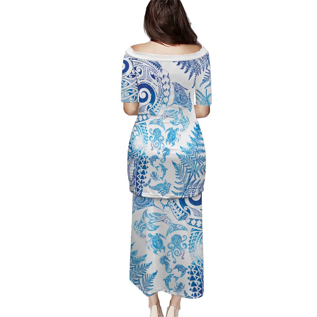 New Zealand Sea Animals Puletasi with Maori Koru Tribal Tattoo and Silver Ferns Galaxy Style