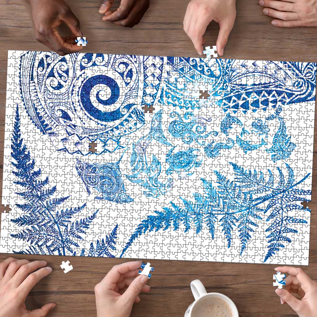 New Zealand Sea Animals Puzzle with Maori Koru Tribal Tattoo and Silver Ferns Galaxy Style