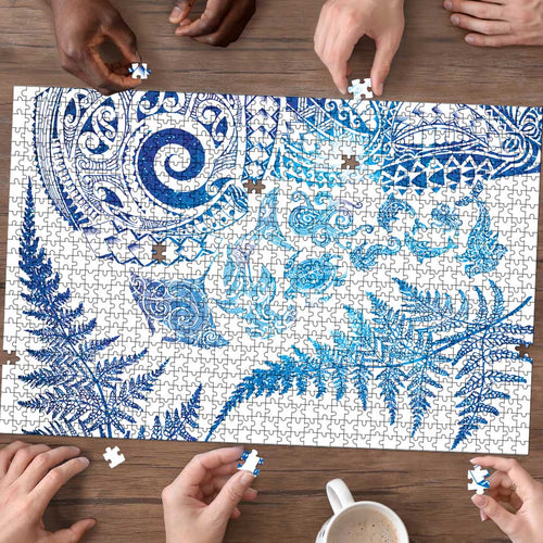 New Zealand Sea Animals Puzzle with Maori Koru Tribal Tattoo and Silver Ferns Galaxy Style