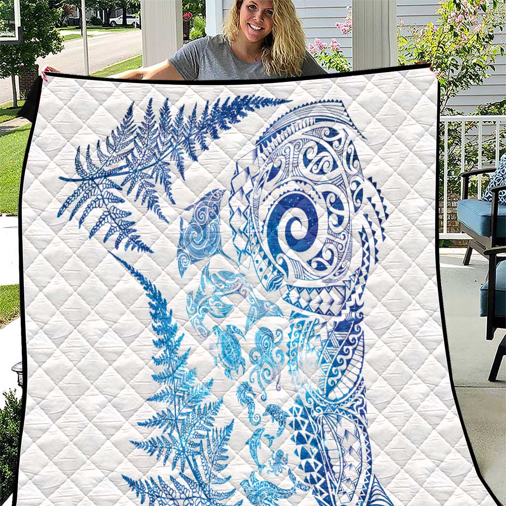 New Zealand Sea Animals Quilt with Maori Koru Tribal Tattoo and Silver Ferns Galaxy Style