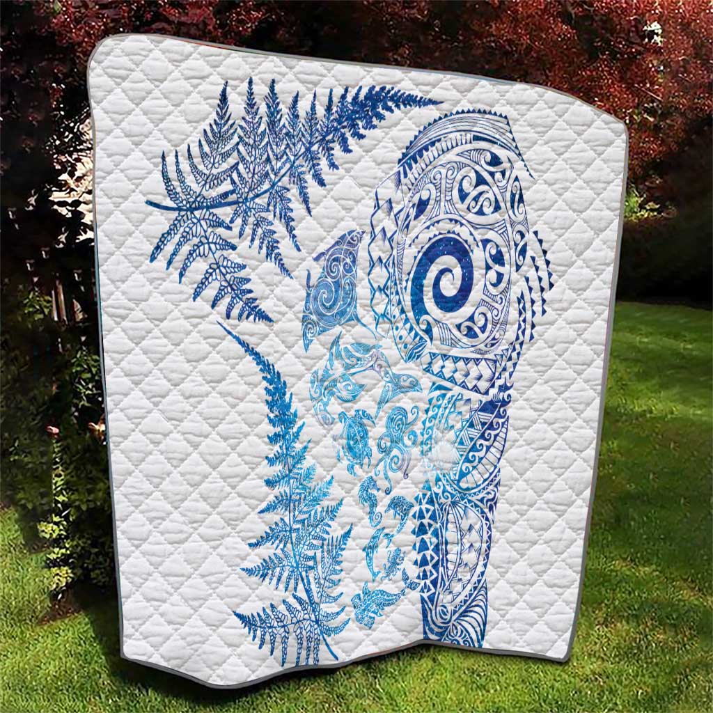 New Zealand Sea Animals Quilt with Maori Koru Tribal Tattoo and Silver Ferns Galaxy Style