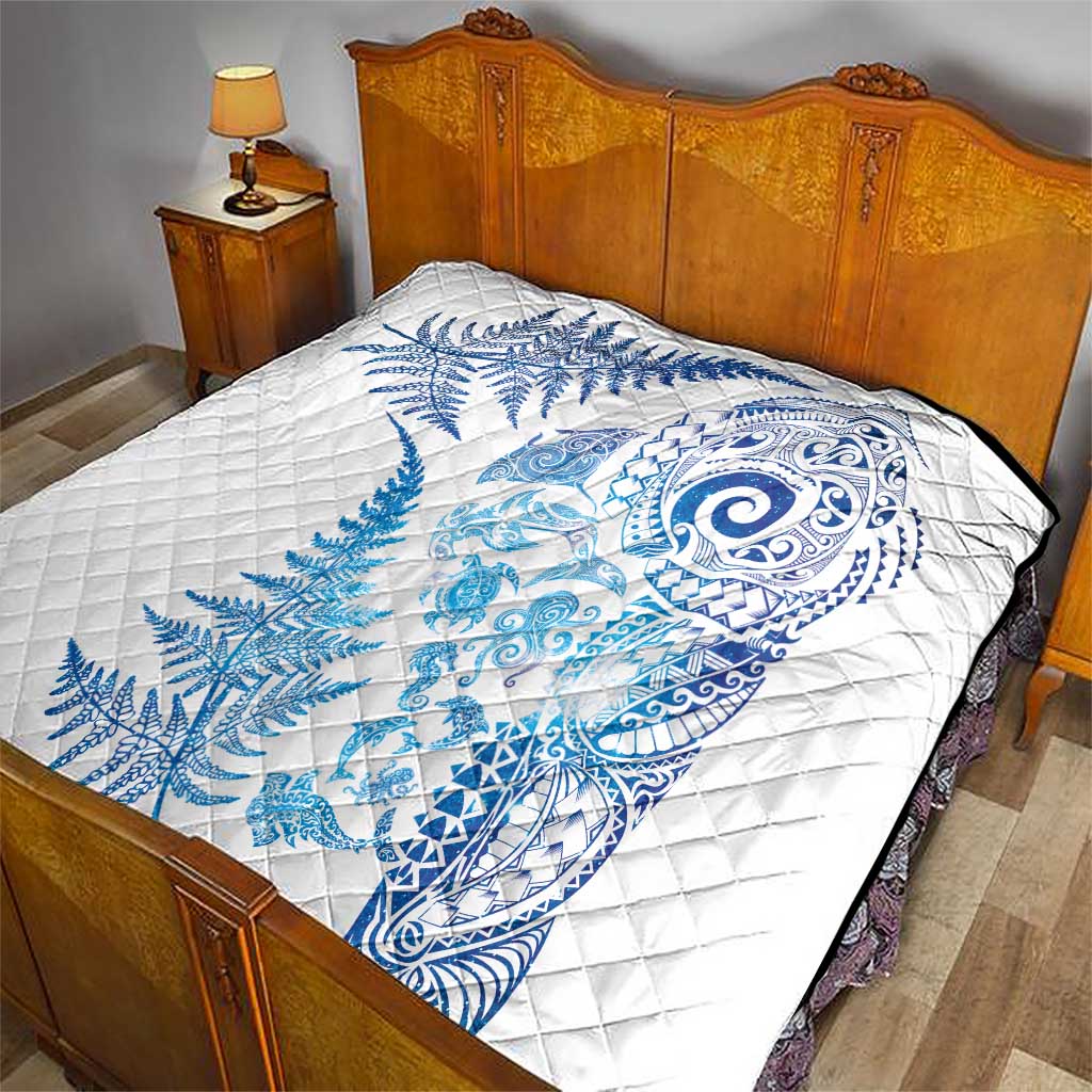 New Zealand Sea Animals Quilt with Maori Koru Tribal Tattoo and Silver Ferns Galaxy Style