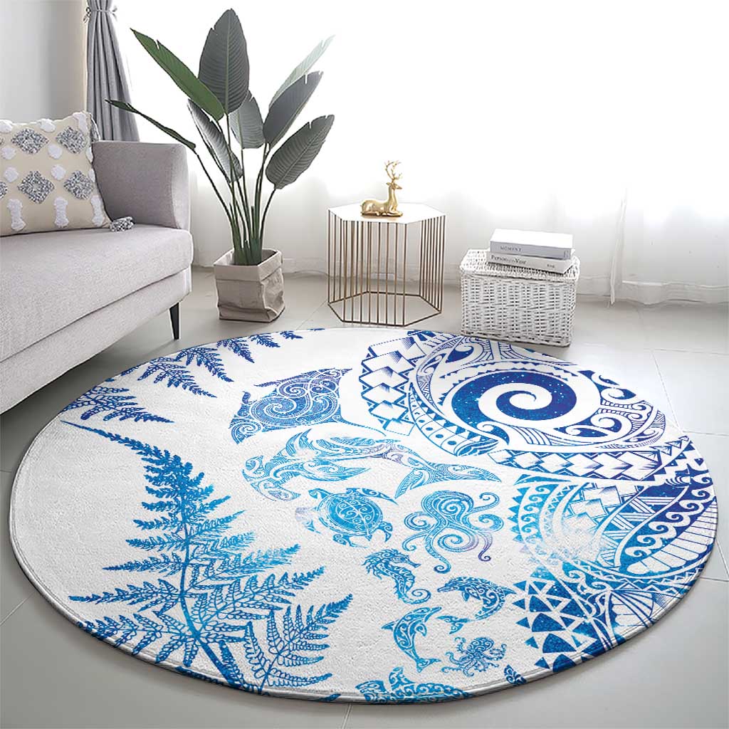 New Zealand Sea Animals Round Carpet with Maori Koru Tribal Tattoo and Silver Ferns Galaxy Style