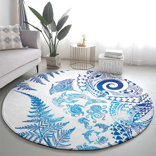 New Zealand Sea Animals Round Carpet with Maori Koru Tribal Tattoo and Silver Ferns Galaxy Style