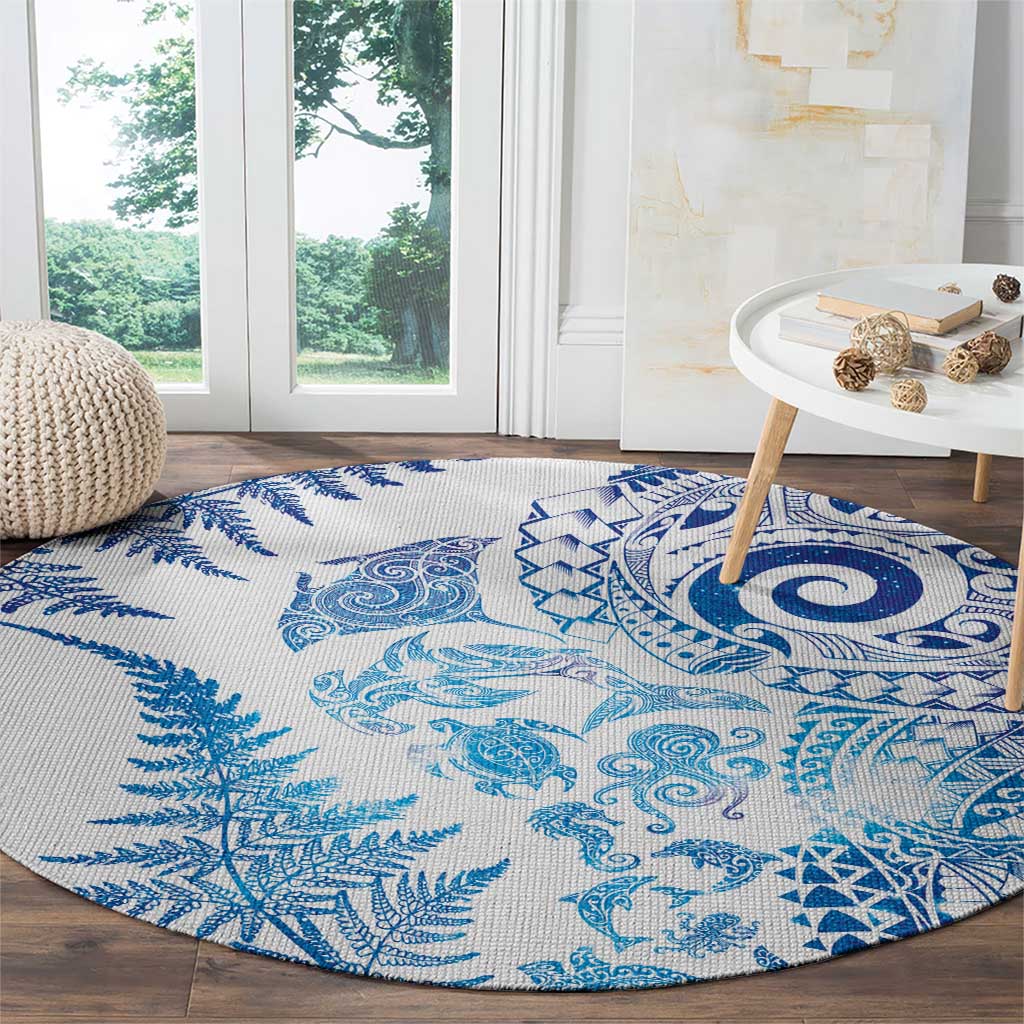 New Zealand Sea Animals Round Carpet with Maori Koru Tribal Tattoo and Silver Ferns Galaxy Style