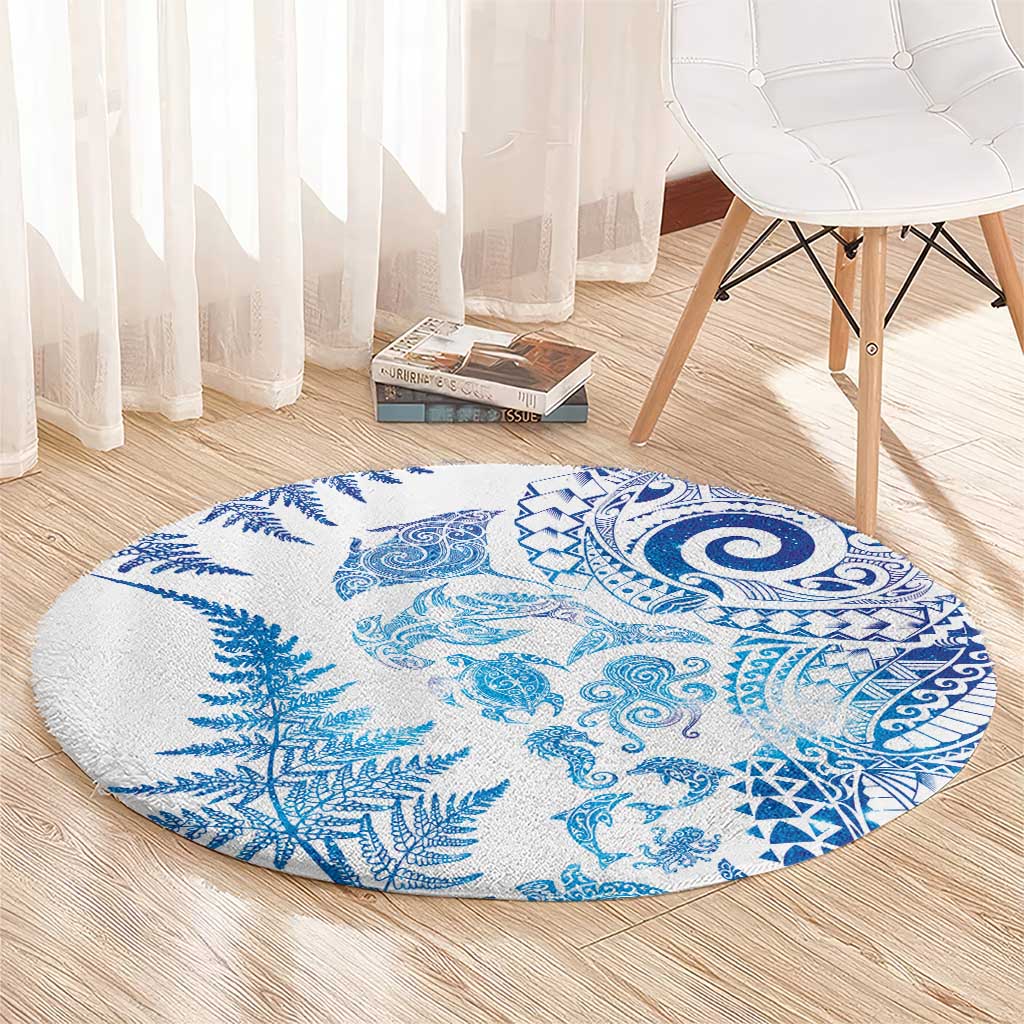 New Zealand Sea Animals Round Carpet with Maori Koru Tribal Tattoo and Silver Ferns Galaxy Style
