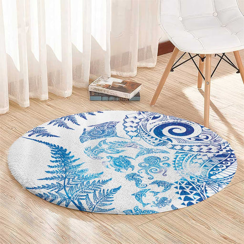 New Zealand Sea Animals Round Carpet with Maori Koru Tribal Tattoo and Silver Ferns Galaxy Style