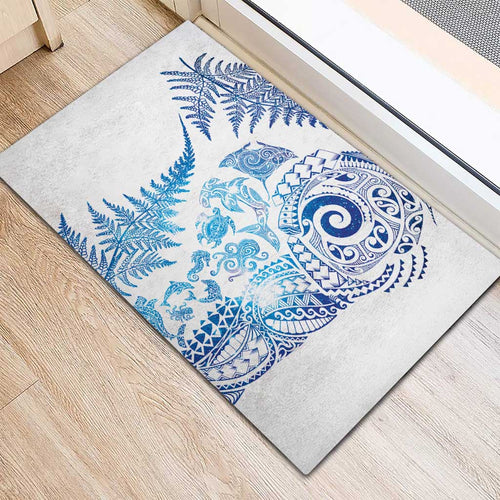 New Zealand Sea Animals Rubber Doormat with Maori Koru Tribal Tattoo and Silver Ferns Galaxy Style