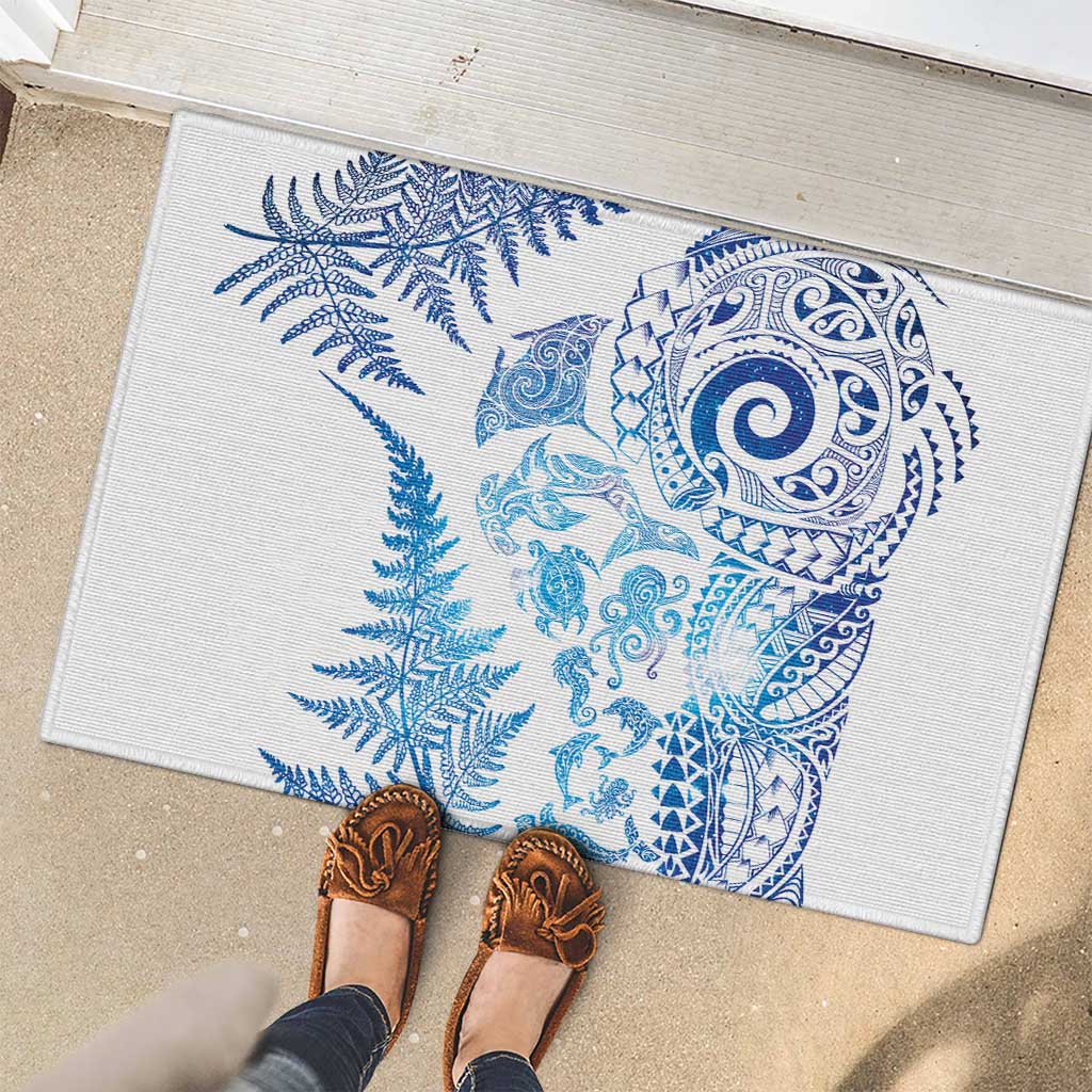 New Zealand Sea Animals Rubber Doormat with Maori Koru Tribal Tattoo and Silver Ferns Galaxy Style