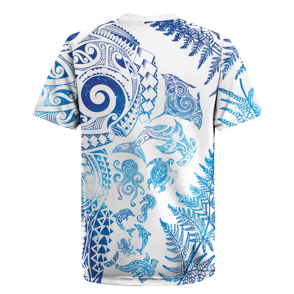 New Zealand Sea Animals Rugby Jersey with Maori Koru Tribal Tattoo and Silver Ferns Galaxy Style