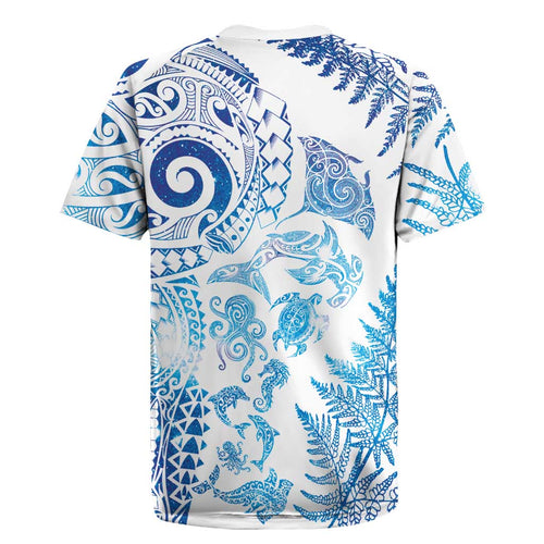 New Zealand Sea Animals Rugby Jersey with Maori Koru Tribal Tattoo and Silver Ferns Galaxy Style