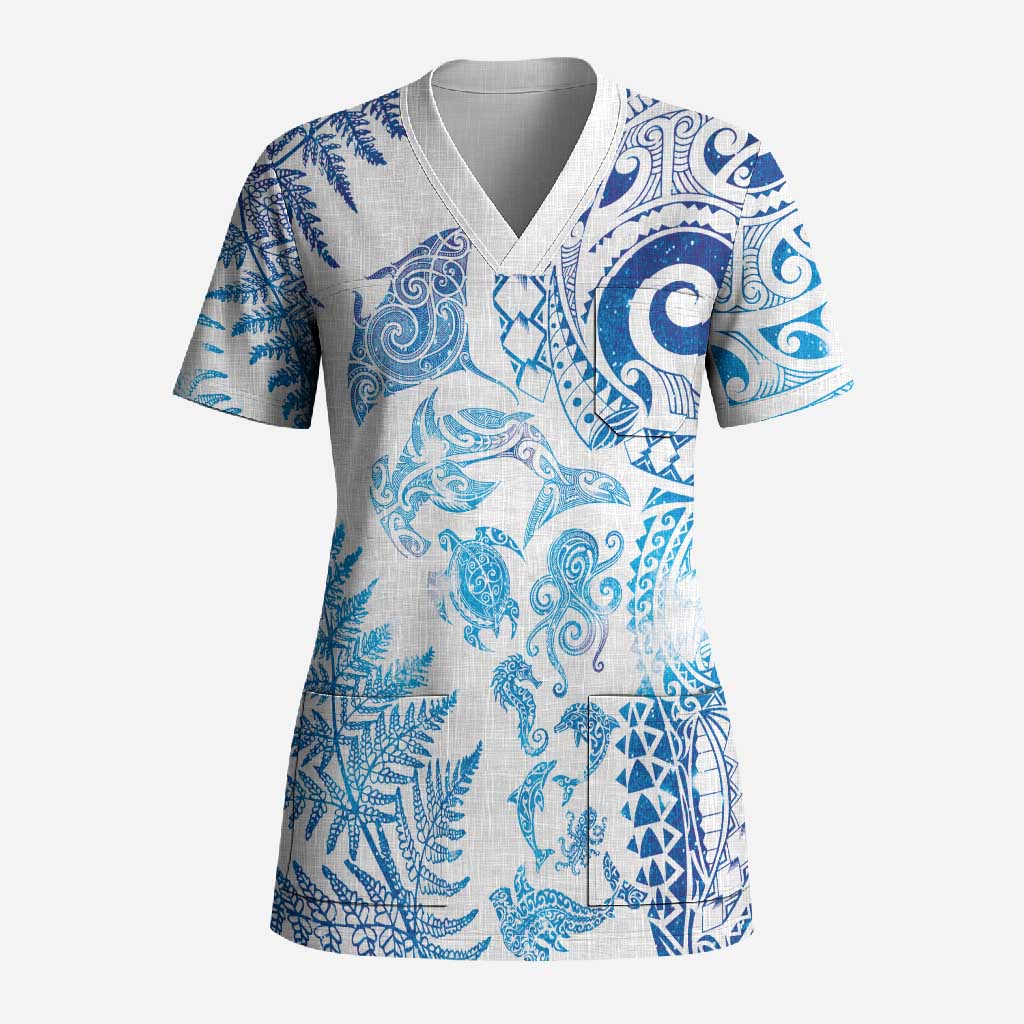 New Zealand Sea Animals Scrub Top with Maori Koru Tribal Tattoo and Silver Ferns Galaxy Style