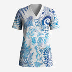 New Zealand Sea Animals Scrub Top with Maori Koru Tribal Tattoo and Silver Ferns Galaxy Style