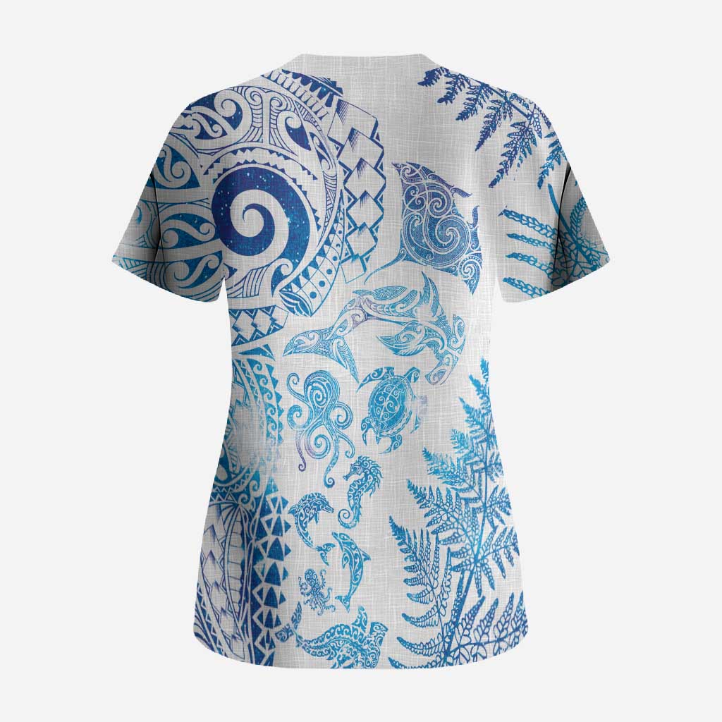 New Zealand Sea Animals Scrub Top with Maori Koru Tribal Tattoo and Silver Ferns Galaxy Style