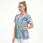 New Zealand Sea Animals Scrub Top with Maori Koru Tribal Tattoo and Silver Ferns Galaxy Style