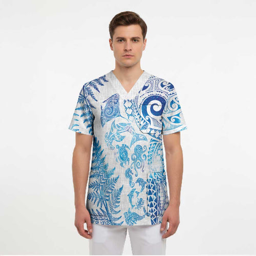 New Zealand Sea Animals Scrub Top with Maori Koru Tribal Tattoo and Silver Ferns Galaxy Style